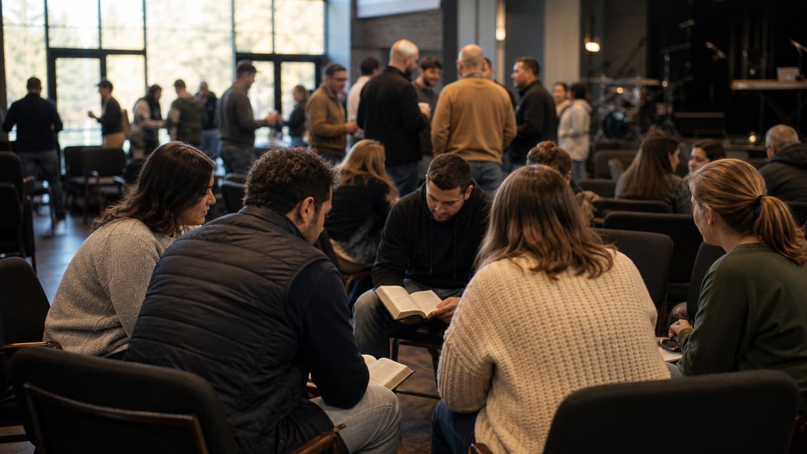 A small group studying Scripture in a church auditorium after service