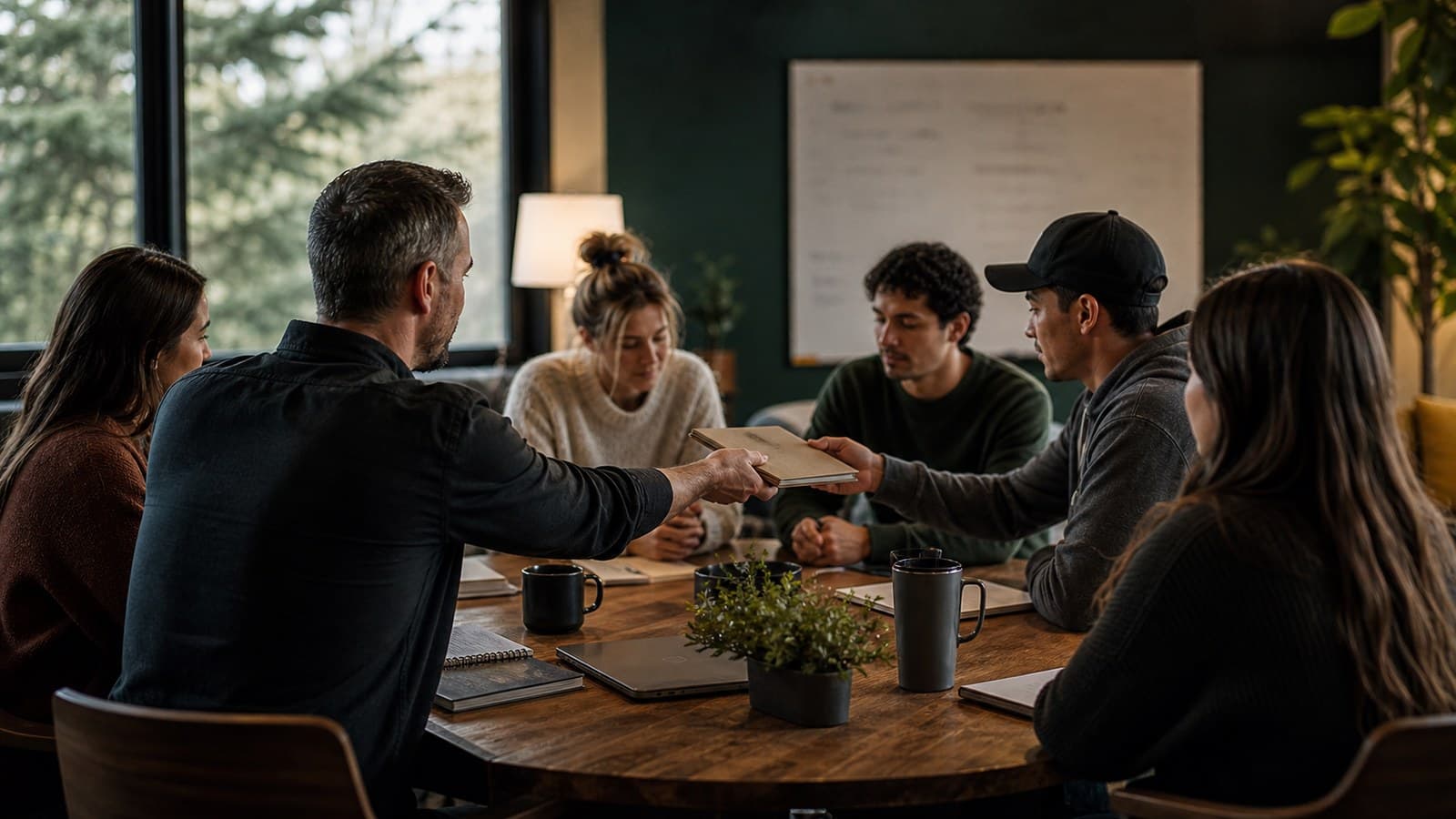 A church team collaborating around a table in a warm planning room