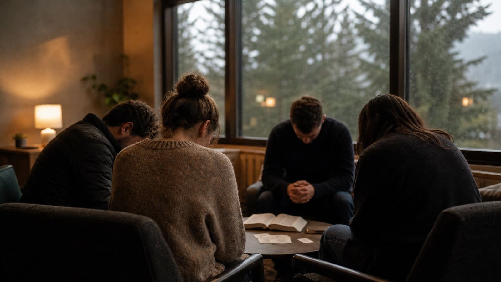 A small group praying together in a warm Pacific Northwest church space