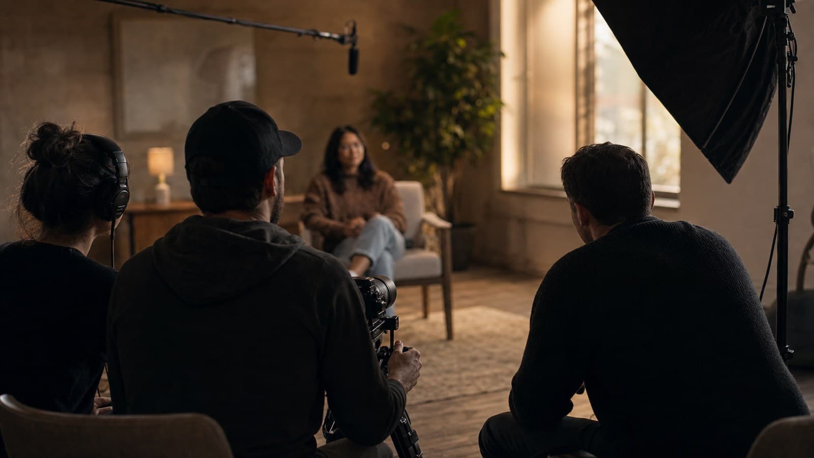 A film team quietly capturing a testimony interview in a church setting